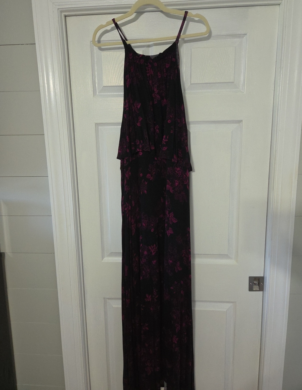 Black Maxi Dress with Purple Floral Print - Spaghetti Strap Layered Silhouette